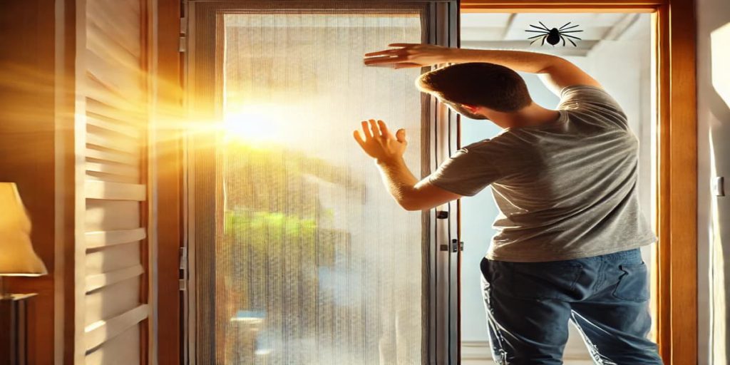 DALL·E 2024 10 07 13.26.36 A person installing a Magic Mesh screen on a doorway to prevent insects from entering the house. The scene shows the person carefully attaching the ma