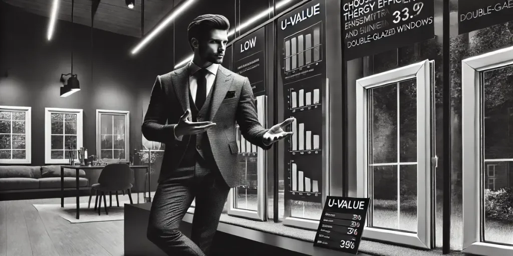 DALL·E 2024 10 08 12.35.51 A modern professional scene featuring a handsome and stylish man offering consultation on choosing windows with low thermal transfer U Value for do 1